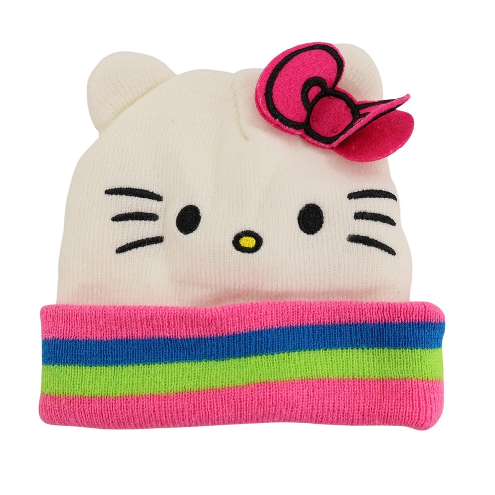 Hello Kitty Sanrio Baby White Knit Beanie Hat Pink Bow Striped Cuff